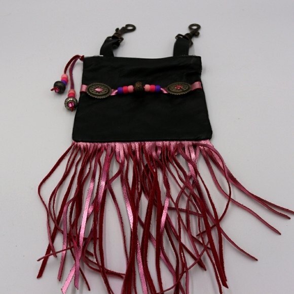 Kelly's Leather Small Black & Pink Fringe Leather Festival Fanny Pack Bag - Picture 1 of 15
